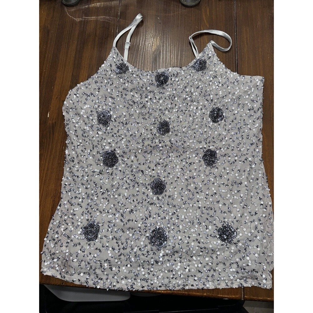 Mixit Womens Sequin Front Tank Top Large Silver Sleeveless Square Neck Pullover